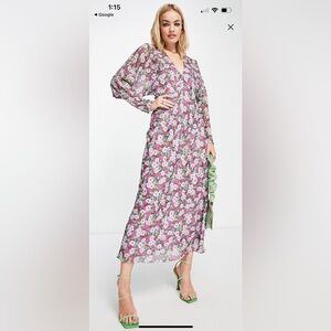 ASOS‎ Pink and green floral deep V midi dress size 8.
